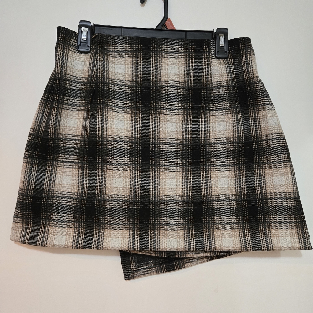 NWOT CATHERINE MALANDRINO Black/Camel Plaid Knit A-line Pull On Mini Skirt - Picture 7 of 9